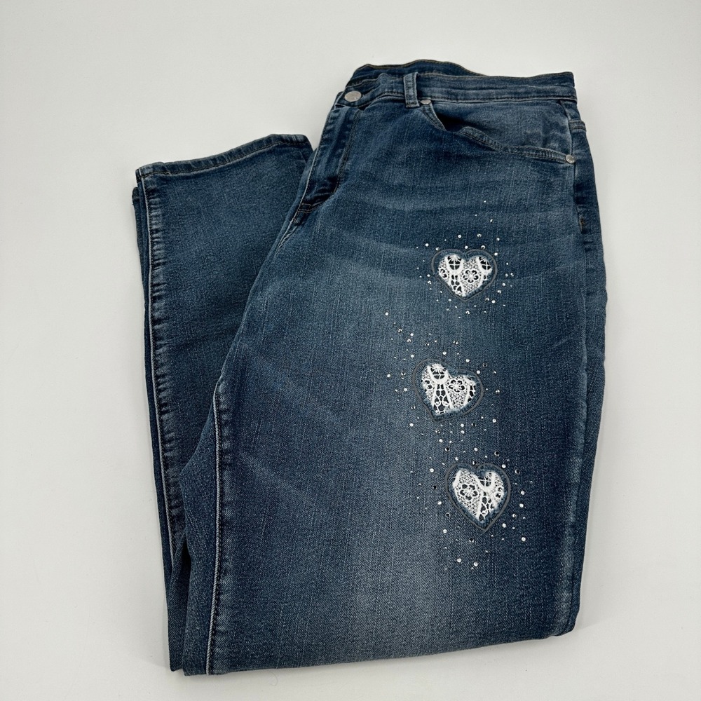 Venus Blue‎ Lace Heart Rhinestone Embellished Skinny Jeans 18 Medium Wash Girly